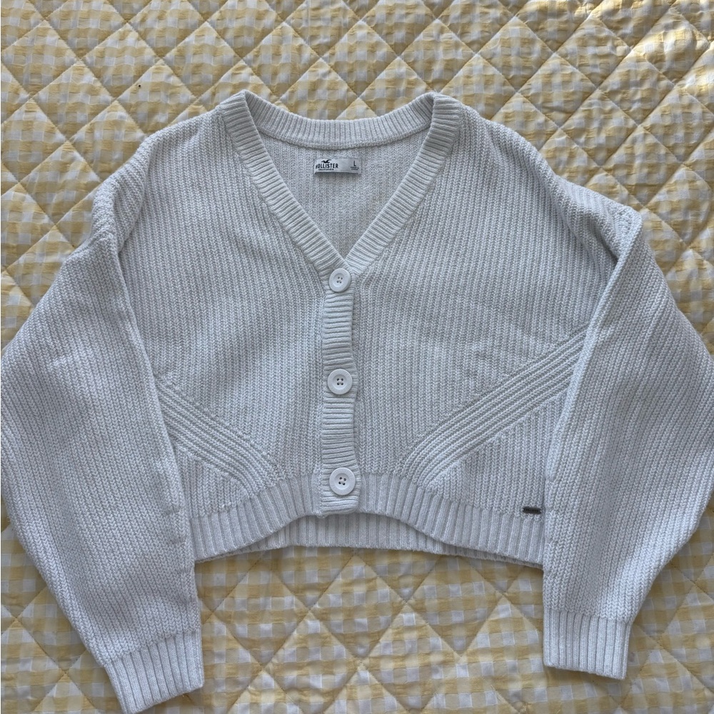 Hollister White Cropped Cardigan Sweater Large